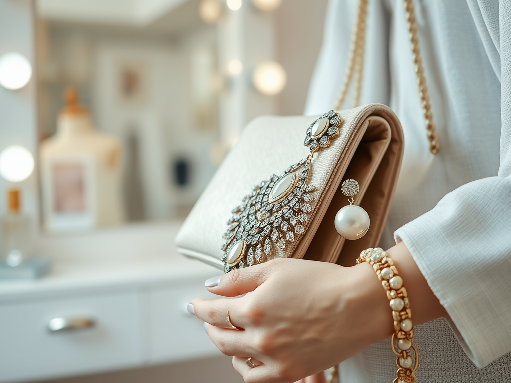 Une main tenant un sac à main élégant orné de pierres précieuses, aux côtés de bijoux raffinés.