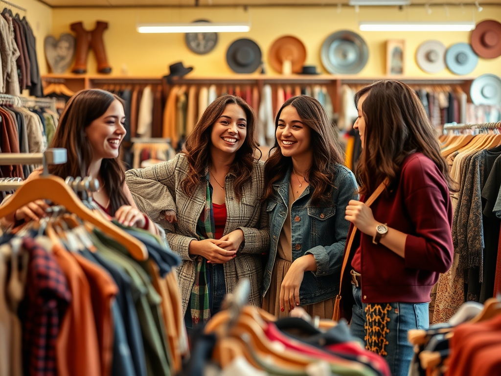 Quatre amies rient ensemble dans une friperie, entourées de vêtements colorés et d'un ambiance décontractée.