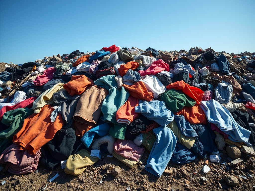 Une montagne de vêtements colorés entassés sur un tas de déchets sous un ciel bleu dégagé.