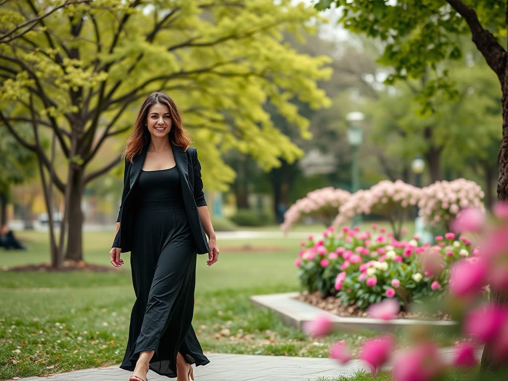 Une femme souriante en tenue noire marche dans un parc, entourée d'arbres et de fleurs colorées.