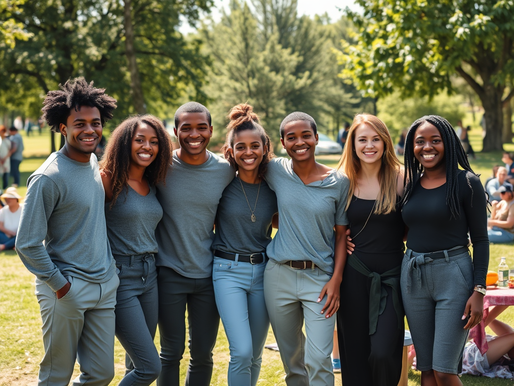 Un groupe de huit jeunes adultes souriant ensemble dans un parc ensoleillé, vêtus de pulls et pantalons gris.