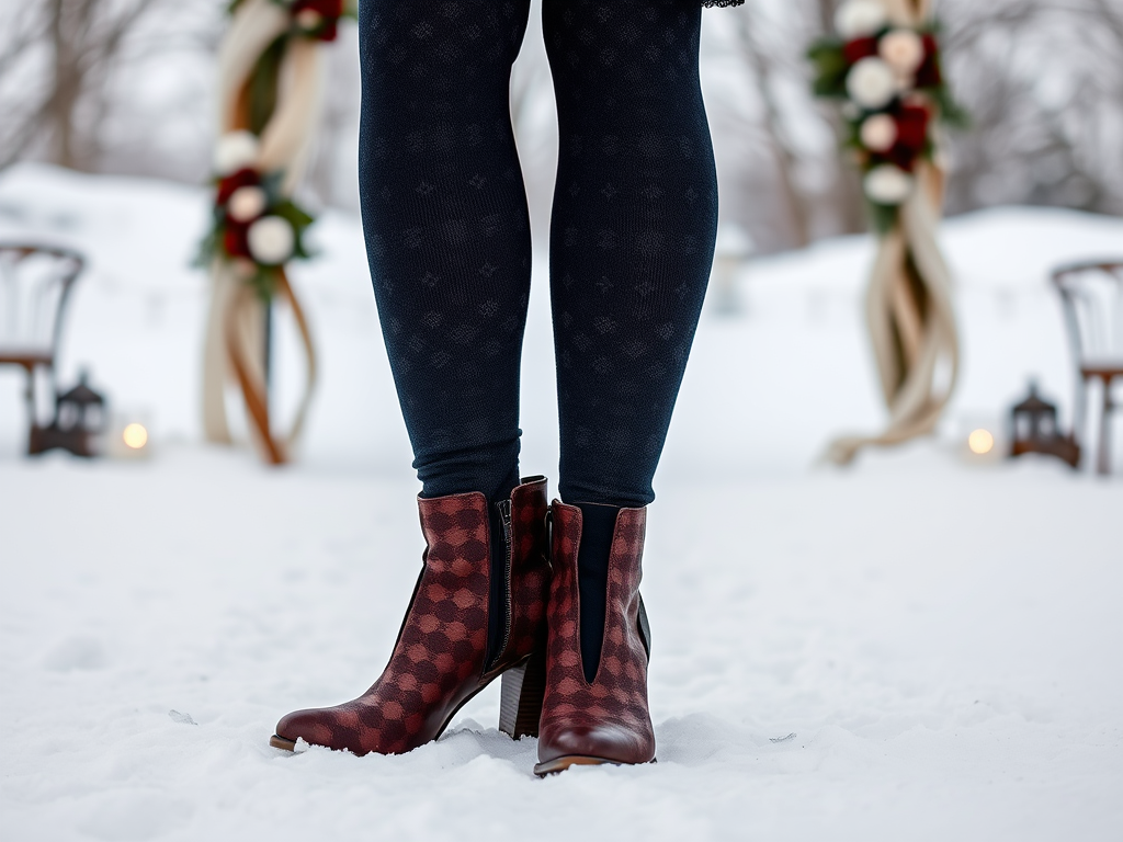 Une vue des jambes d'une personne portant des bottines rouges sur la neige, avec un décor floral flou en arrière-plan.