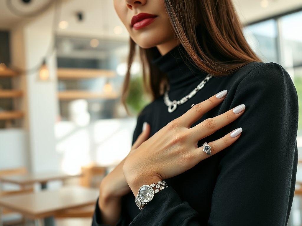 Une femme élégante porte des accessoires raffinés, avec des ongles bien manicured et un sourire subtil.