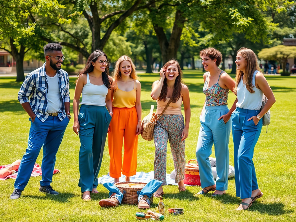 Un groupe d'amis souriants en parc, habillés en couleurs vives, partageant un moment de joie ensemble.