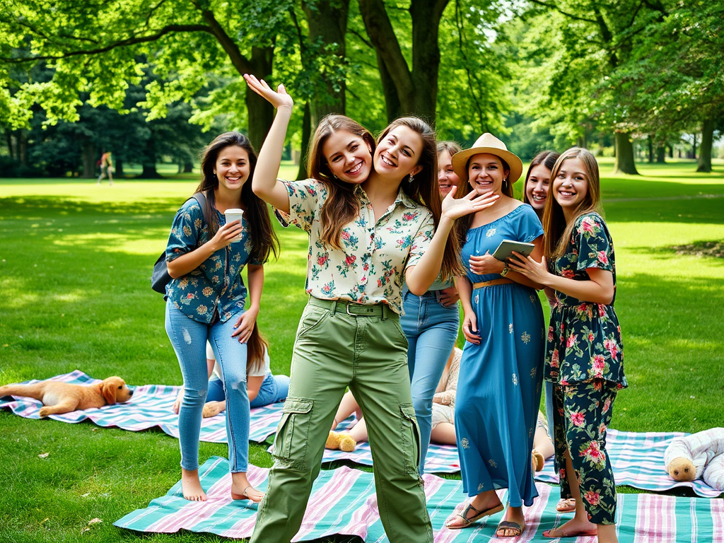 Un groupe de jeunes femmes souriantes posent ensemble dans un parc verdoyant lors d'un pique-nique.