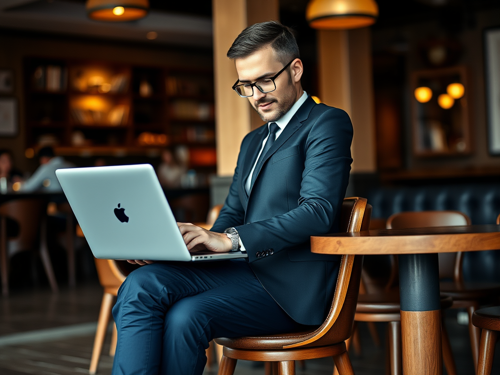 Un homme en costume est assis à une table, travaillant sur un ordinateur portable dans un café.