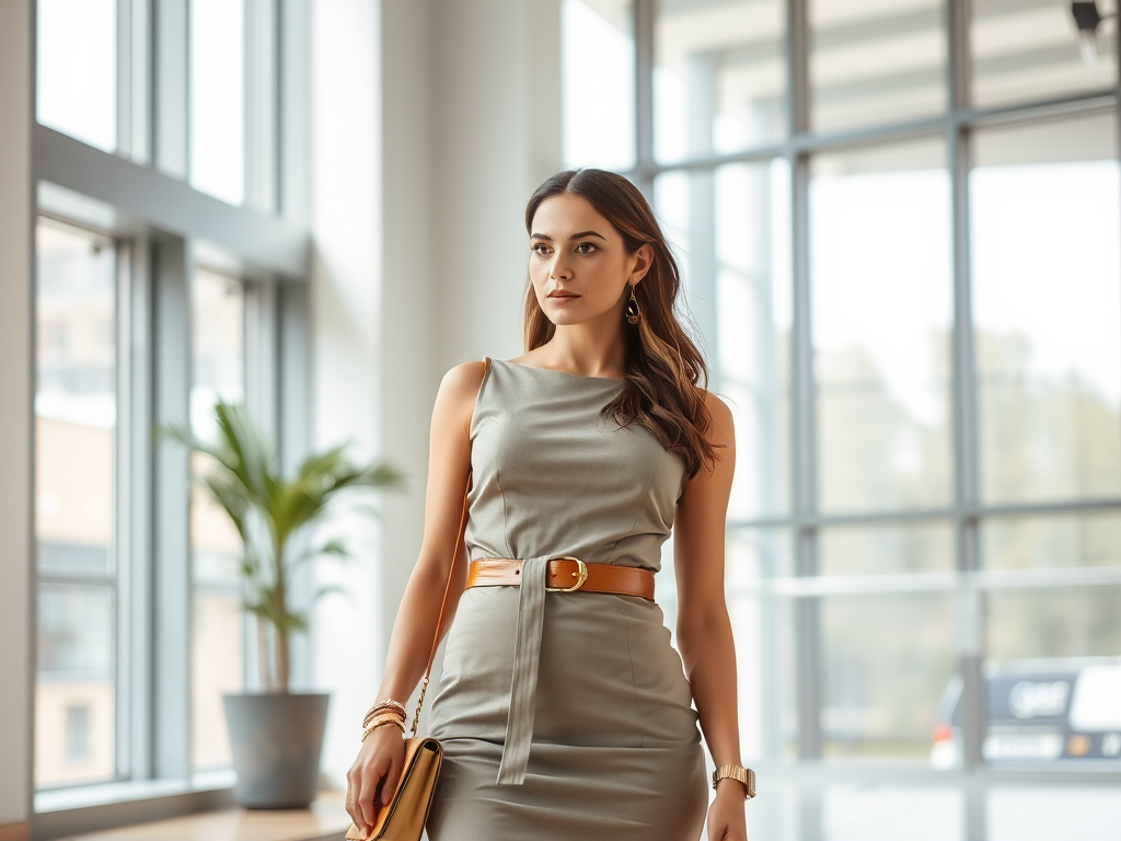 Une femme élégante porte une robe grise et un ceinture marron dans un espace moderne avec de grandes fenêtres.