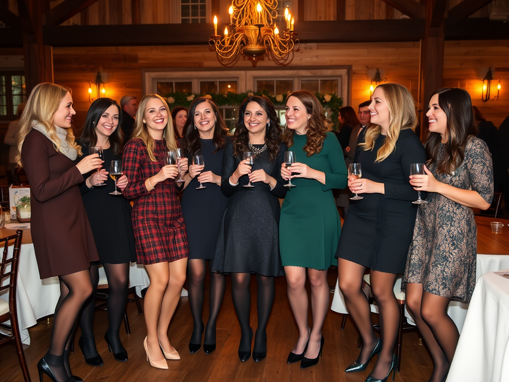 Neuf femmes en robes élégantes, souriantes, levant leurs verres lors d'un événement festif dans une salle chaleureuse.