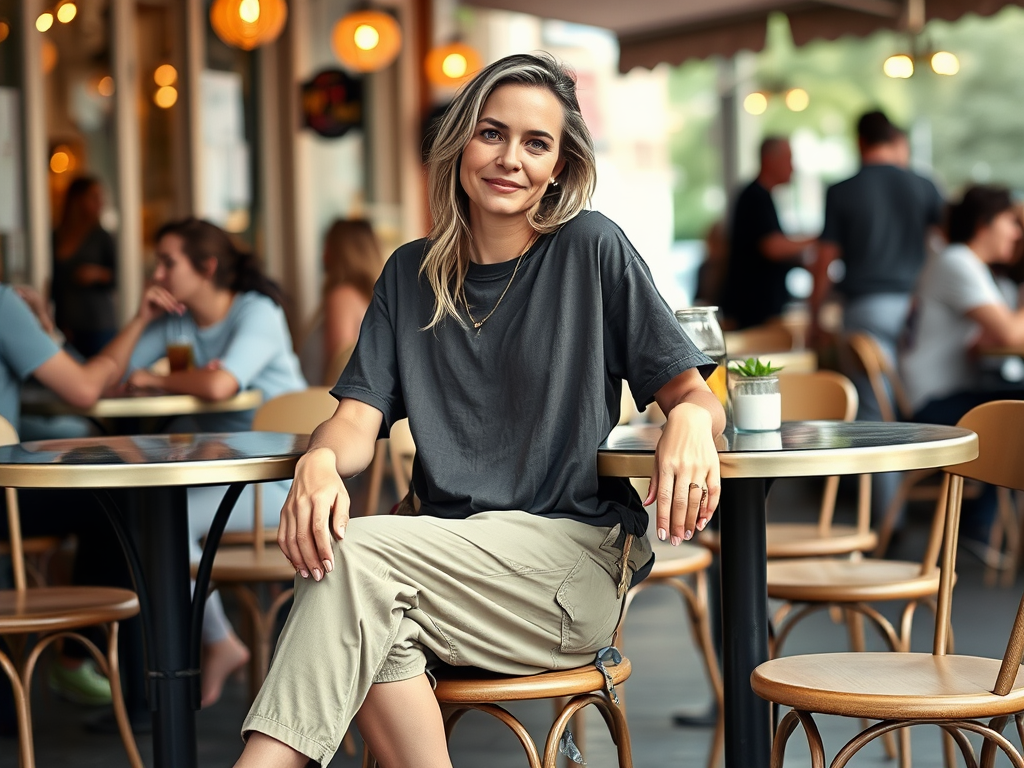 Une femme souriante est assise à une table en plein air d’un café, entourée de personnes.