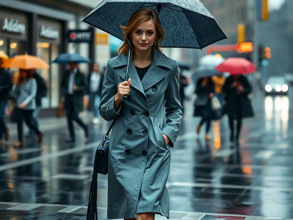 Une femme en trench-coat bleu marche sous la pluie, tenant un parapluie, au milieu de passants sur un trottoir mouillé.