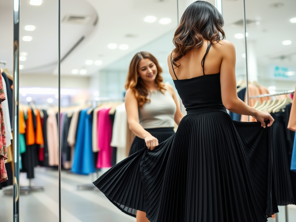 Deux femmes dans un magasin de vêtements, l'une essaie une jupe tandis que l'autre l'observe avec intérêt.