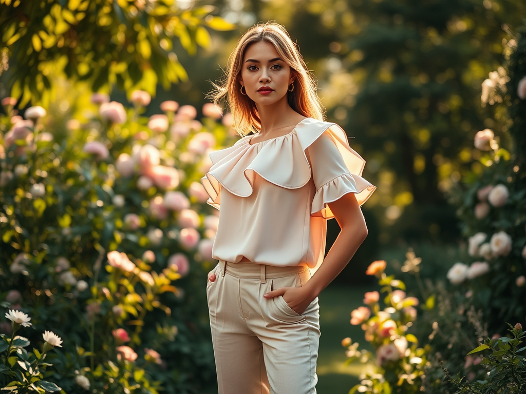 Une femme élégante en haut à volants se tient dans un jardin de roses, illuminée par la lumière douce du soir.