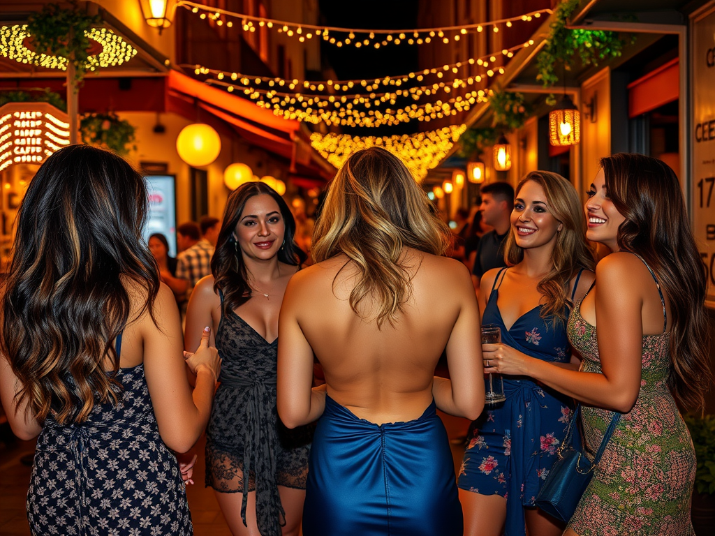 Un groupe de femmes souriantes discute dans une rue animée décorée de guirlandes lumineuses.