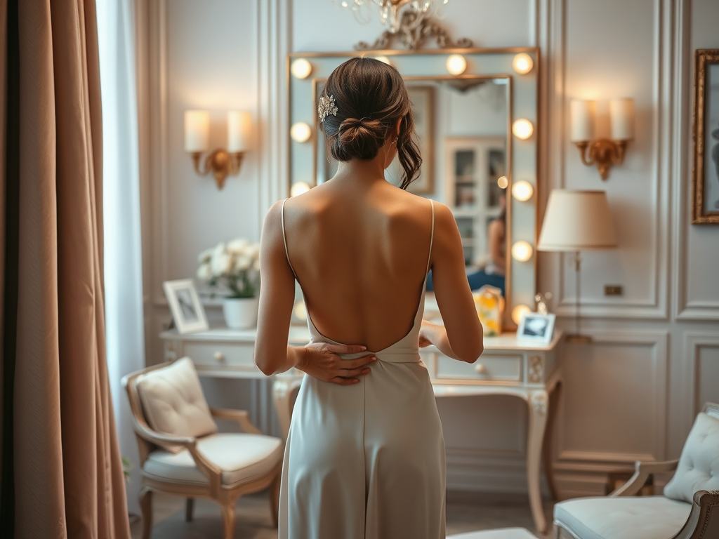 Une femme élégante se regarde dans le miroir, vêtue d'une robe dos nu dans une chambre lumineuse et raffinée.