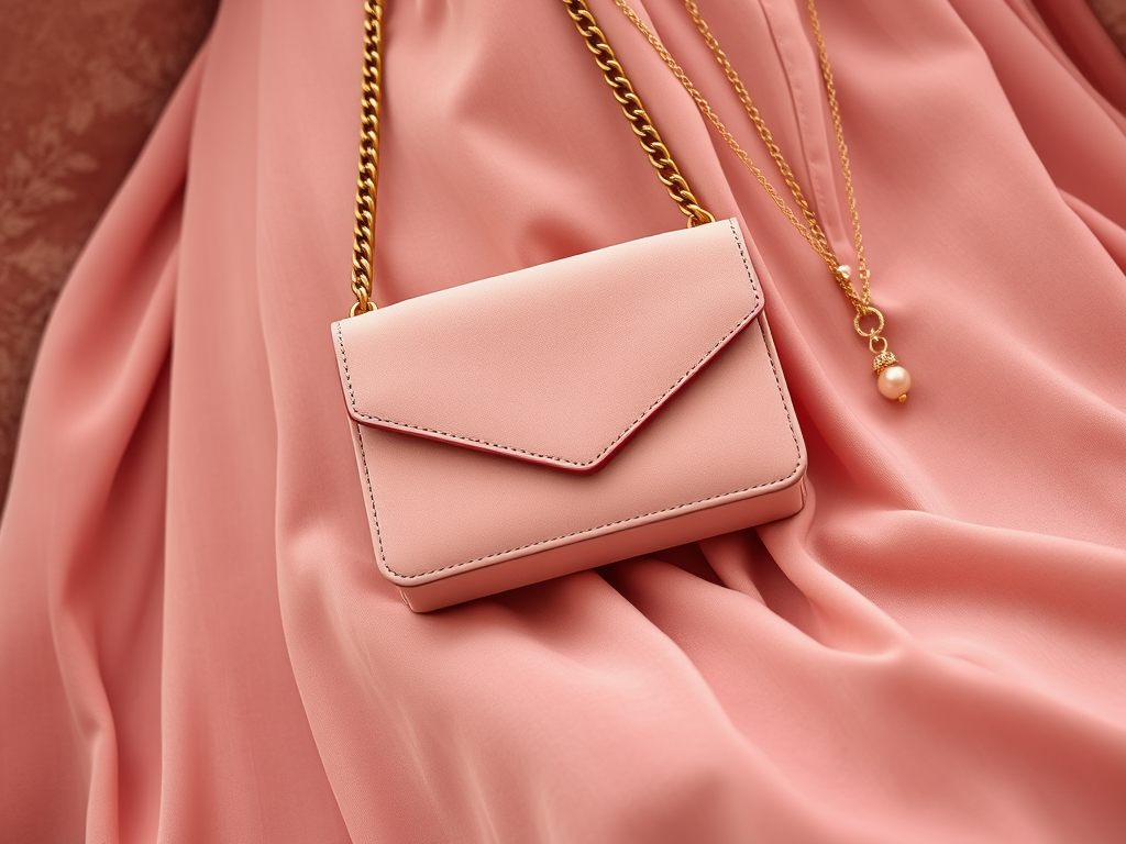 Un petit sac à main rose sur une robe en satin rose, avec une chaîne dorée et un collier élégant.