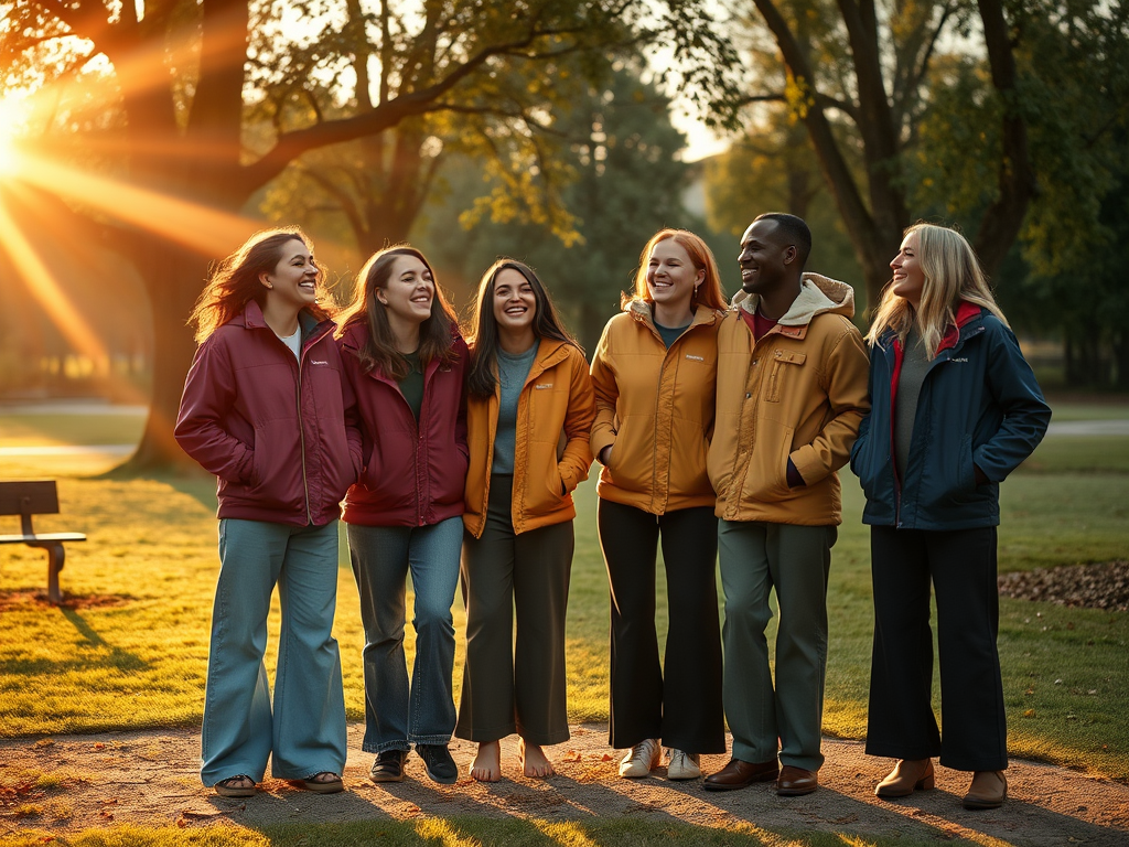 Un groupe de six personnes souriantes porte des vestes colorées, entourées de lumière à l'aube dans un parc.