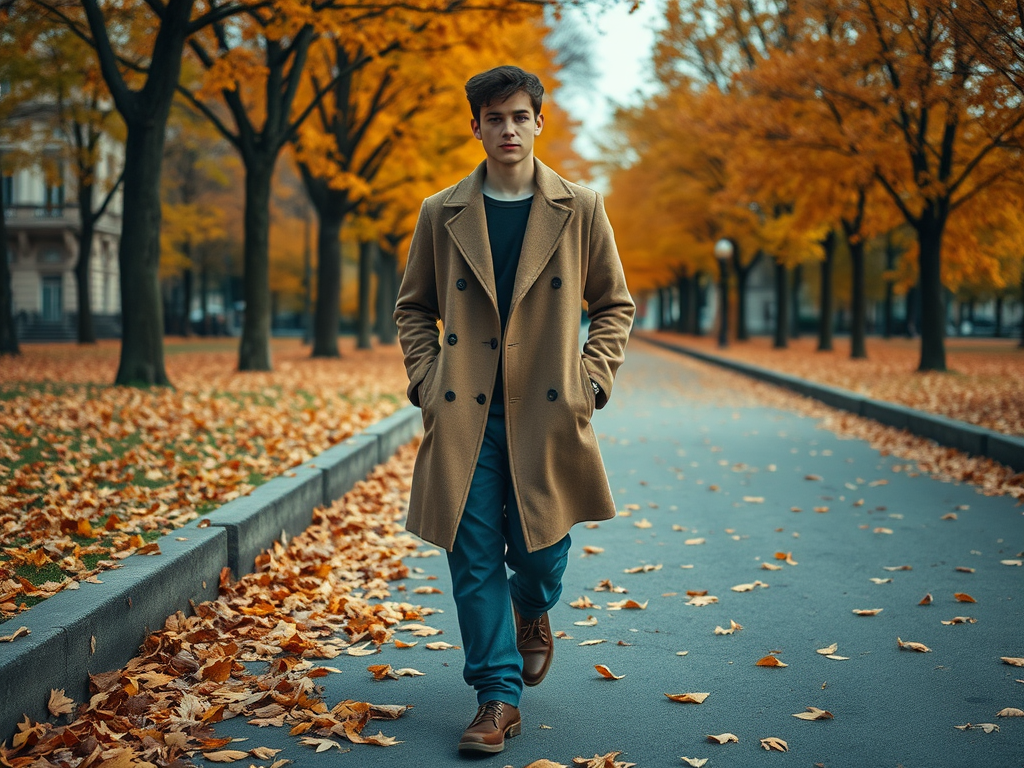 Un jeune homme marche sur un chemin bordé d'arbres aux feuilles orange en automne, entouré de feuilles tombées.