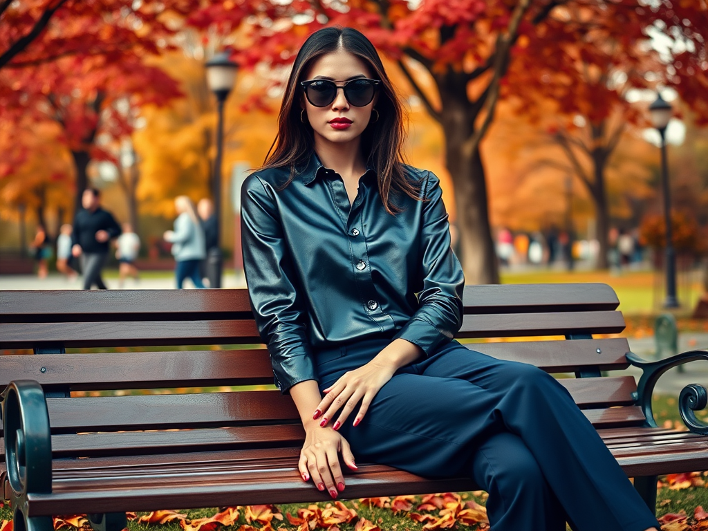 Une femme chic portant des lunettes de soleil, assise sur un banc dans un parc aux arbres aux couleurs d'automne.