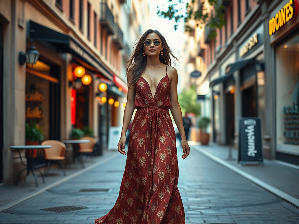 Une femme déambule dans une rue animée, portant une robe rouge avec des motifs et des lunettes de soleil.