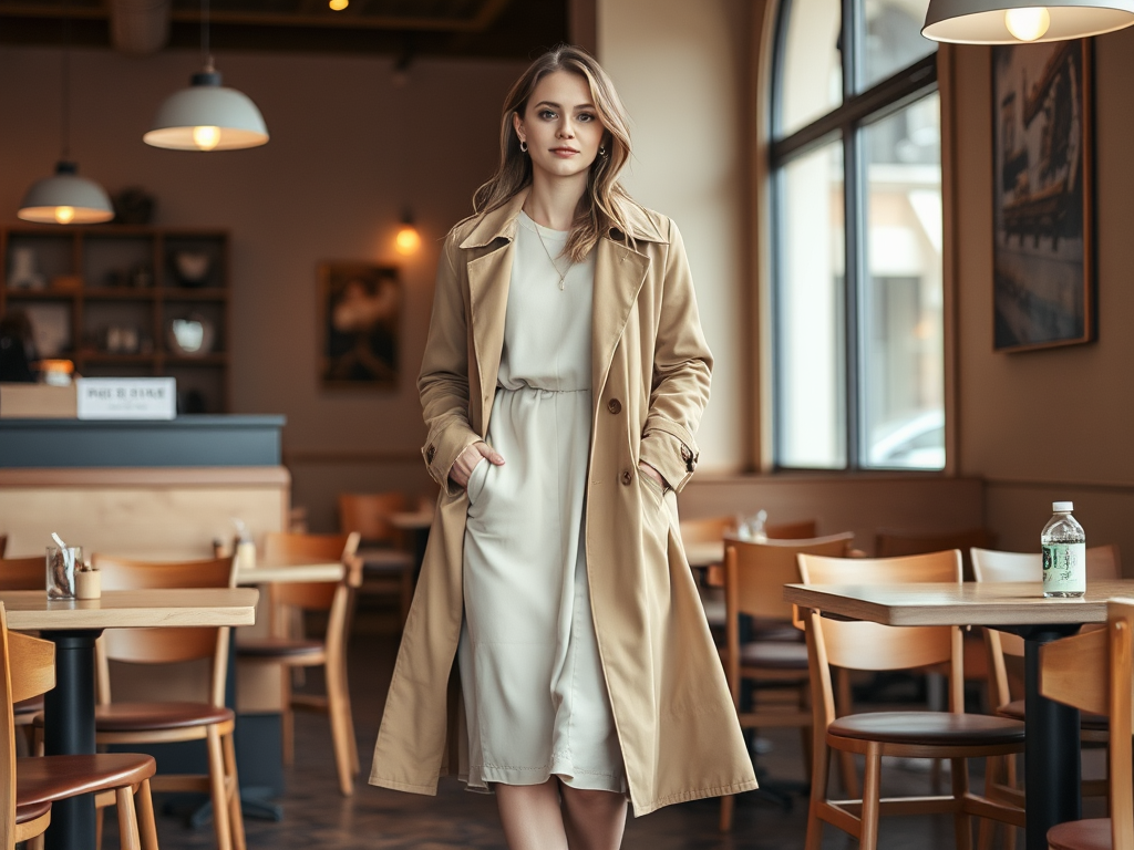 Une jeune femme en trench beige marche dans un café élégant, entourée de tables en bois.