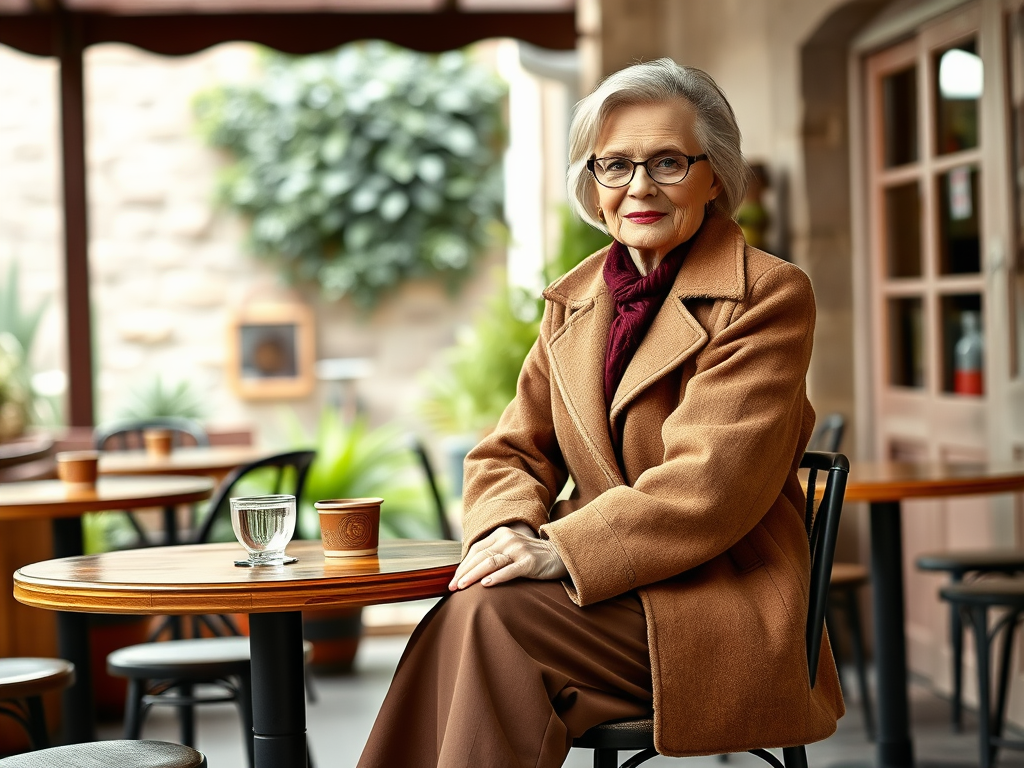 Une femme âgée souriante en manteau marron, assise dans un café, avec une tasse de café devant elle.