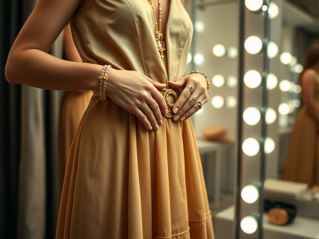 Une femme ajuste une robe dorée, mettant en valeur ses bracelets et bagues, devant un miroir illuminé.
