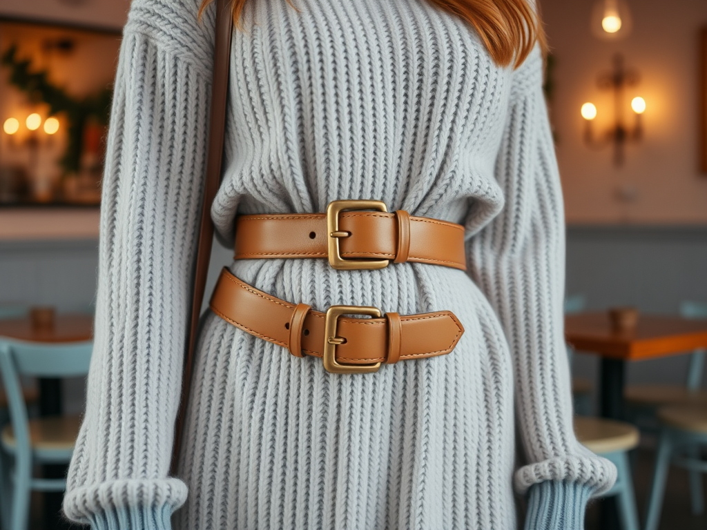 Une personne porte un pull gris avec deux ceintures en cuir brun attachées à la taille dans un café.