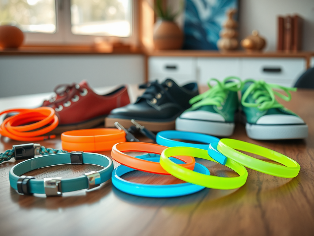 Des chaussures colorées et des bracelets en silicone sont disposés sur une table en bois. Une ambiance vive et joyeuse.