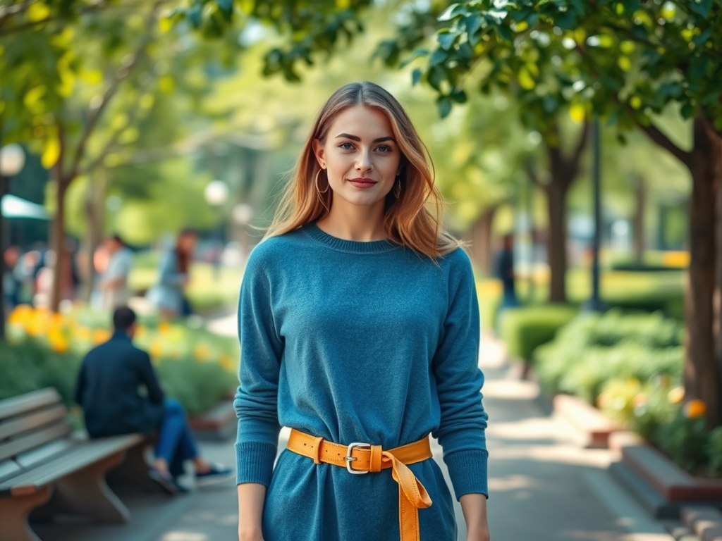 Une femme souriante marche dans un parc, portant un pull bleu et une ceinture jaune, entourée de verdure.