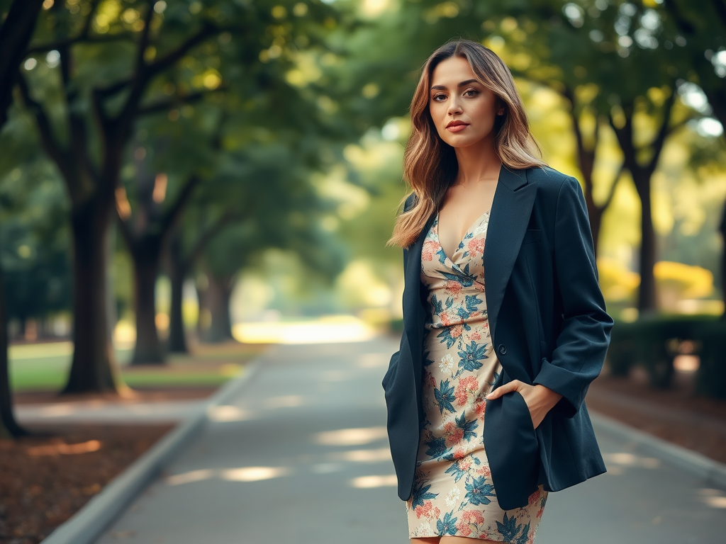 Une femme élégante portant une robe à fleurs et un blazer, marchant dans un parc verdoyant.