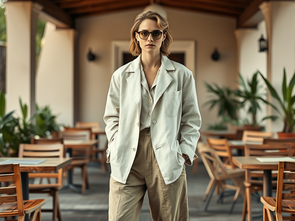 Femme avec des lunettes, vêtu d'une veste blanche, se tenant dans un café avec des tables en bois et des plantes.